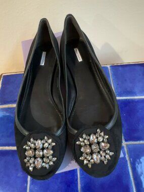 Vera Wang " Hope" Black Suede Ballet Flat w/ Rhinestone Decor - 10 Med